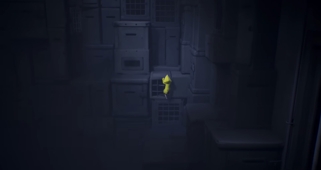 Six from Little Nightmares climbing gray wall vents