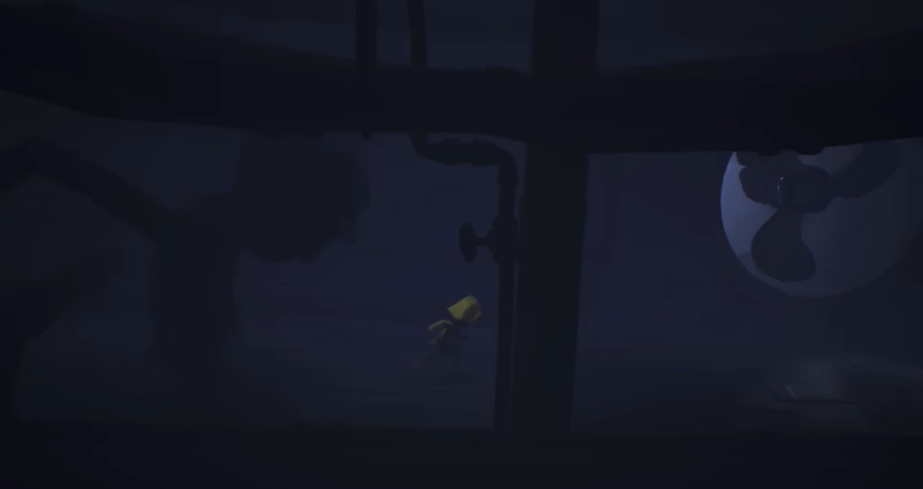 Yellow-hooded figure swims underwater near pipes