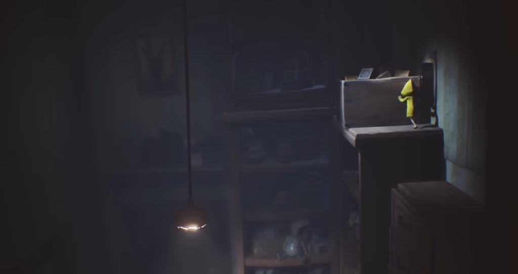 Six from Little Nightmares climbs cabinet in dark room