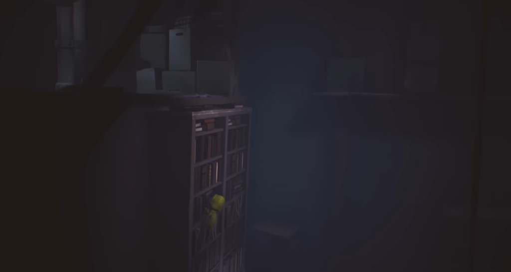 Six from Little Nightmares climbing bookshelf in dark room