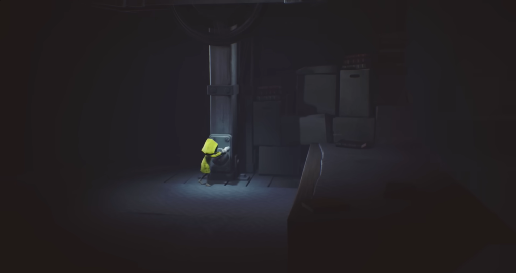 Six from Little Nightmares turning a valve in darkness
