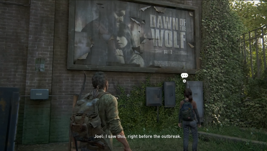 Joel and Ellie view Dawn of the Wolf billboard