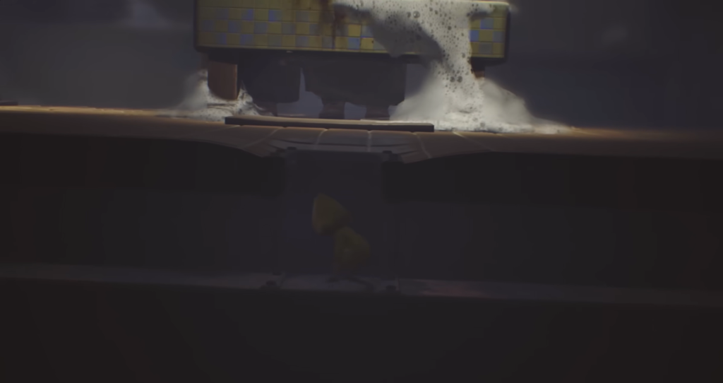 Yellow raincoat figure hiding under bed in room