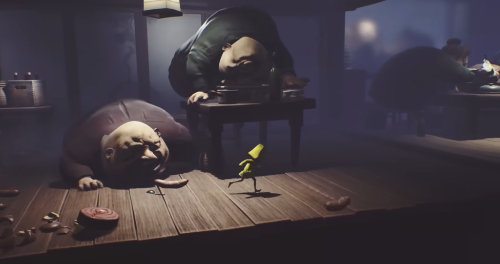 Six from Little Nightmares runs past sleeping diners