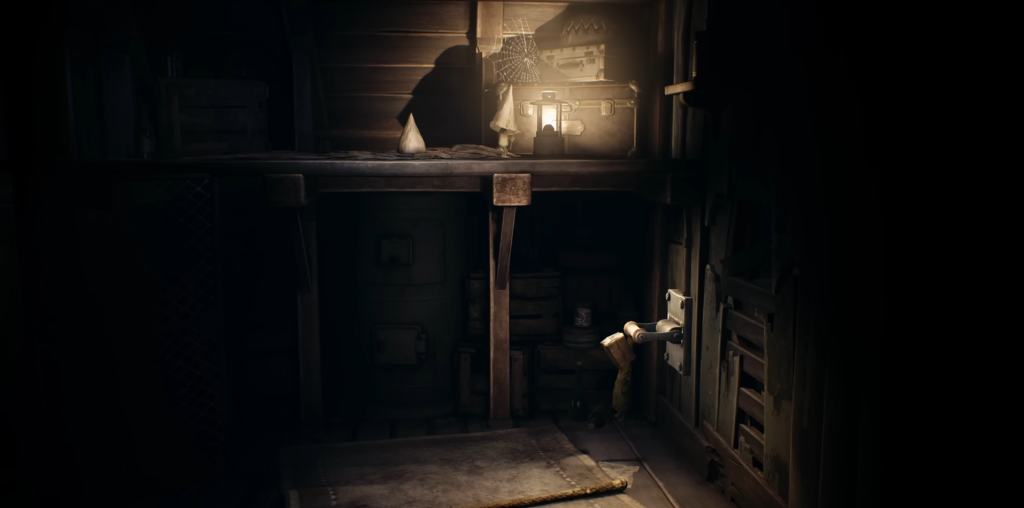 Lantern glowing on shelf in dark wooden room