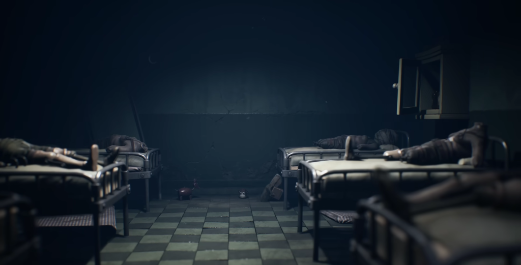 Bodies lying on beds in dark hospital ward