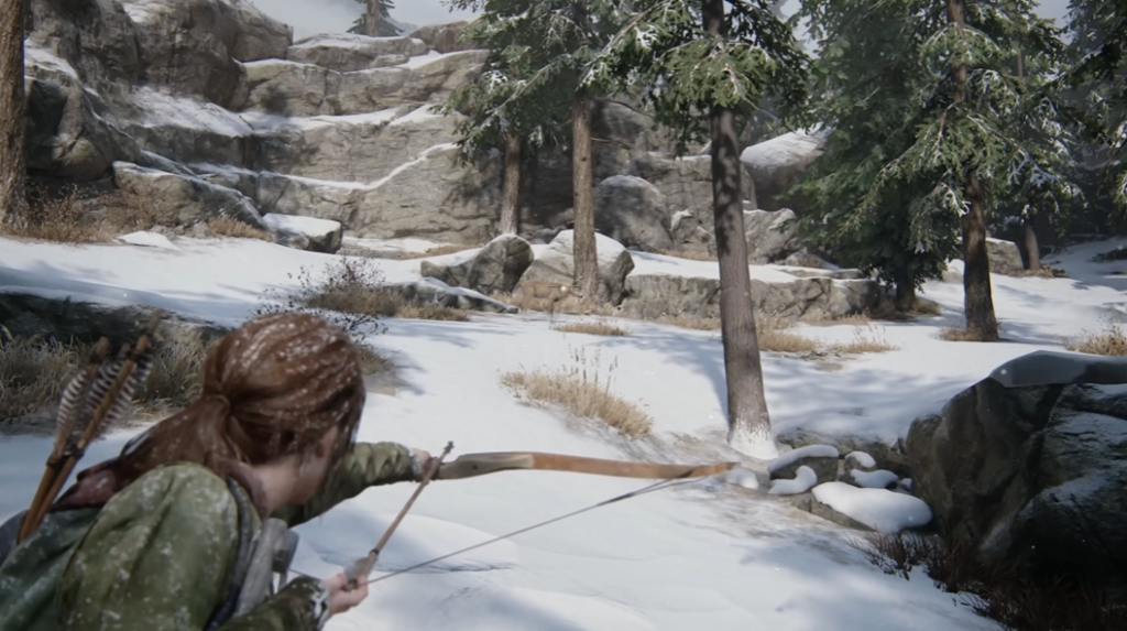 Ellie from The Last of Us aiming bow in snow