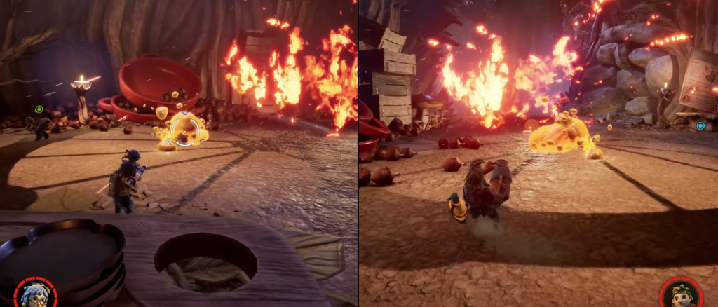 It Takes Two characters fighting slime in burning cave