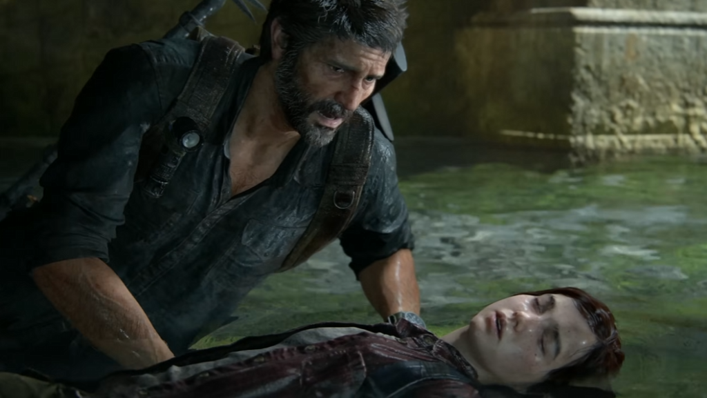 Joel carries Ellie through flooded tunnel in The Last of Us
