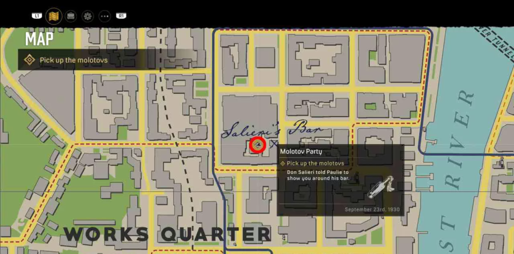 Mafia map showing Molotov Party objective at Salieri's Bar