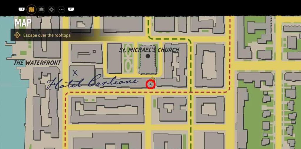 Game map showing route near St. Michael's Church waterfront