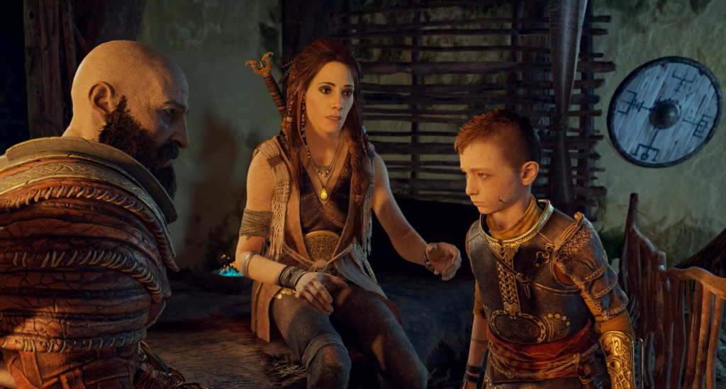 Kratos, Atreus, and Faye talk inside cabin, God of War