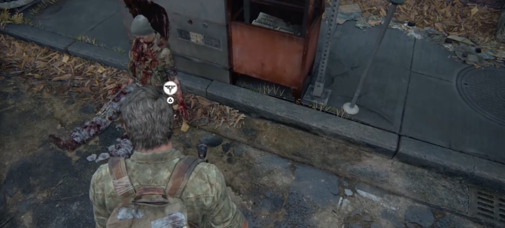Joel aims gun at infected on street, The Last of Us