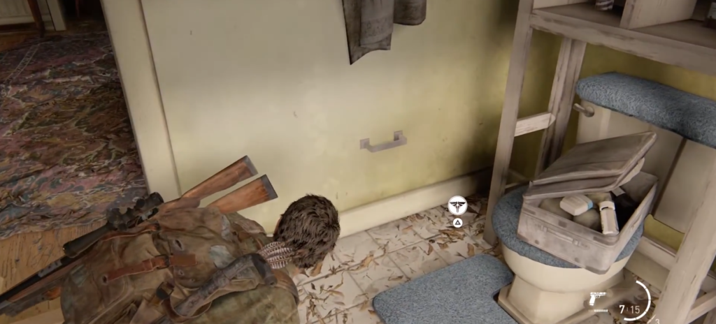The Last of Us Joel crouches in bathroom