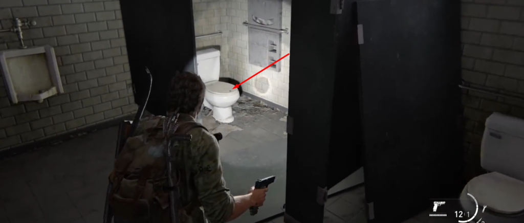 The Last of Us Joel aiming pistol in bathroom