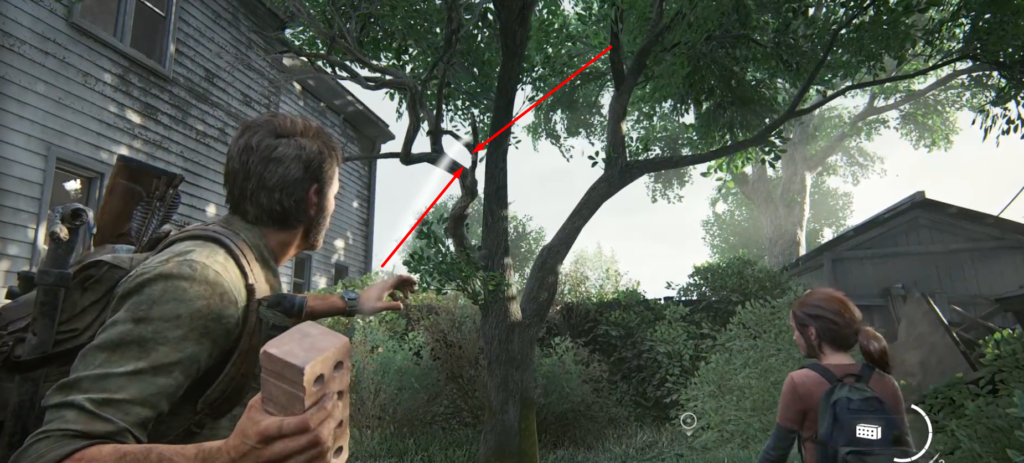 Joel aims brick at tree in The Last of Us