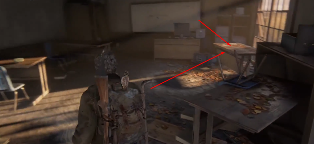 Player character walks through abandoned classroom in The Last of Us