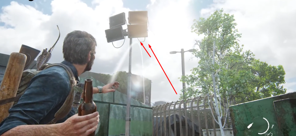 Joel throwing bottle near floodlights in The Last of Us