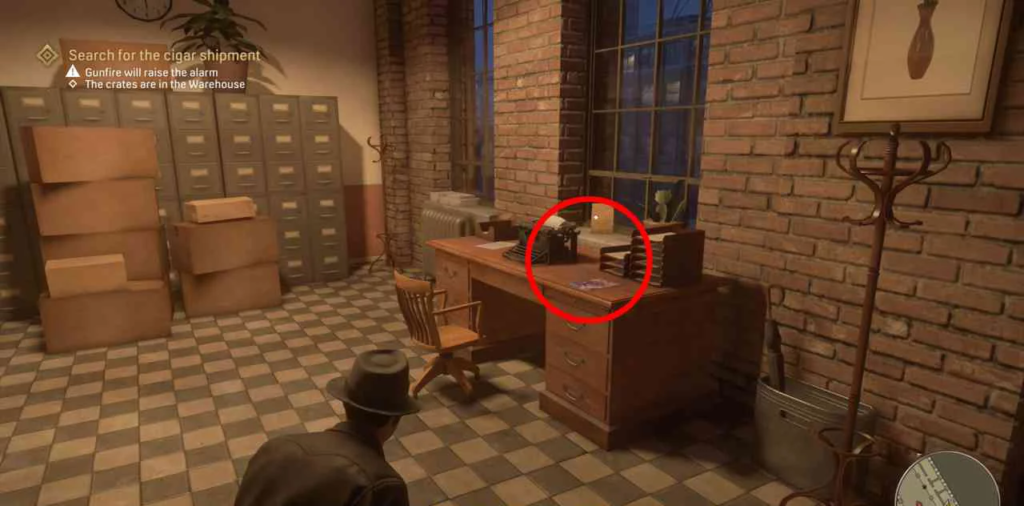Mafia game player crouching near desk in warehouse office
