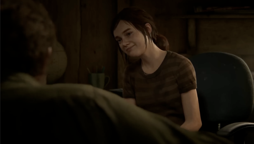 Ellie from The Last of Us sitting indoors
