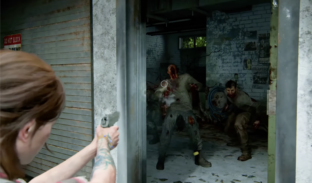 Ellie aims pistol at infected in garage doorway