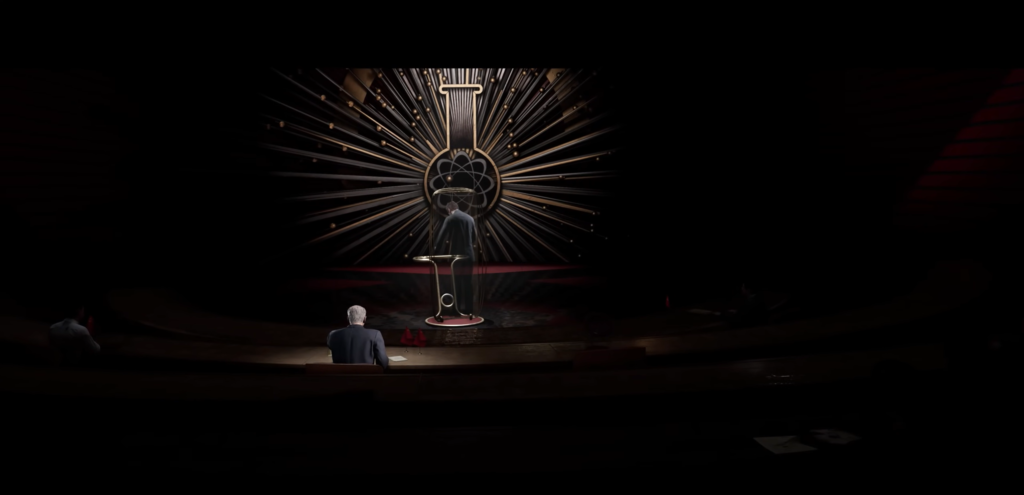 Man standing at podium on dark stage