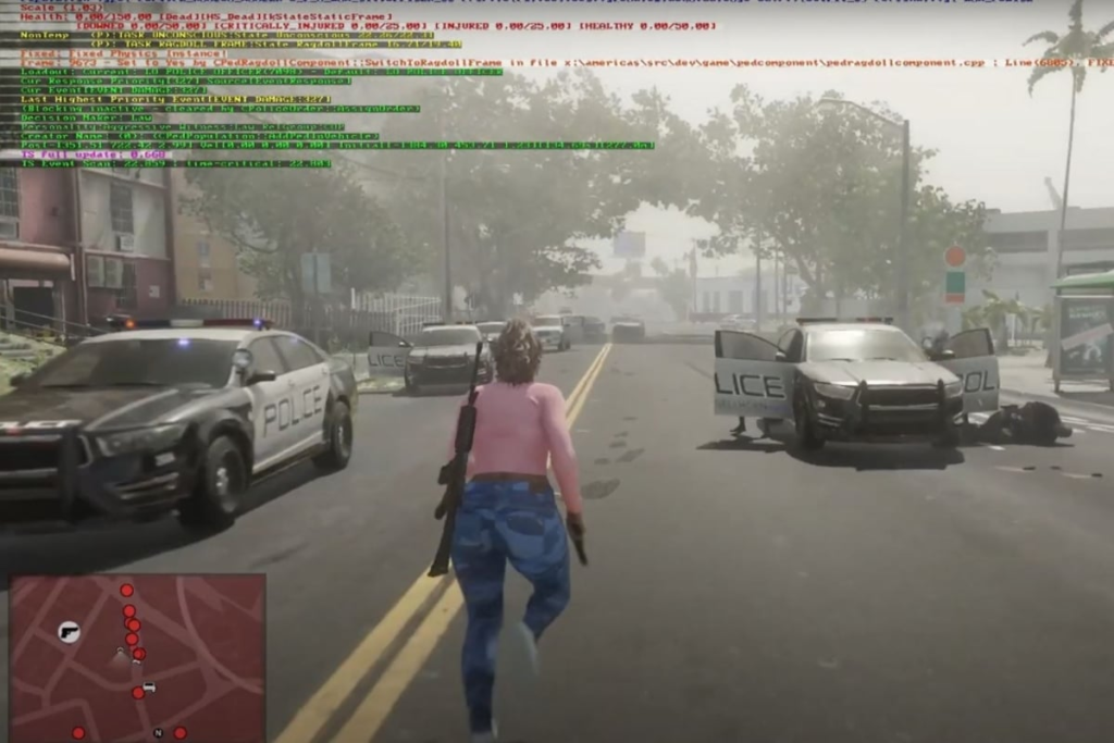 Player character running past police cars on street