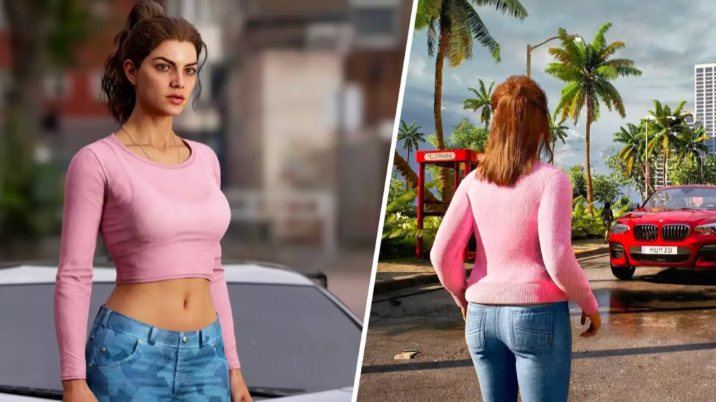 Woman in pink top standing near red car street