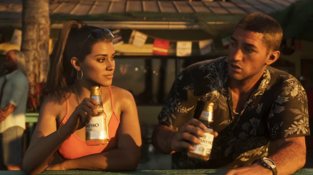 Woman and man drinking beer at outdoor bar table