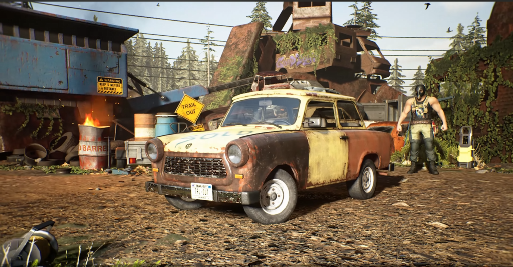Rusty yellow car parked in scrapyard yard
