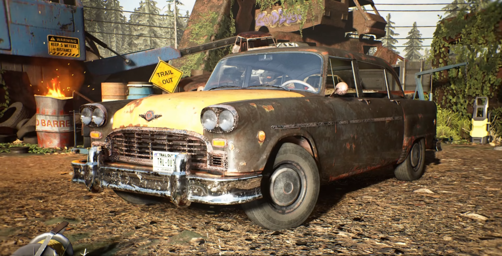 Rusty yellow taxi parked in scrapyard setting