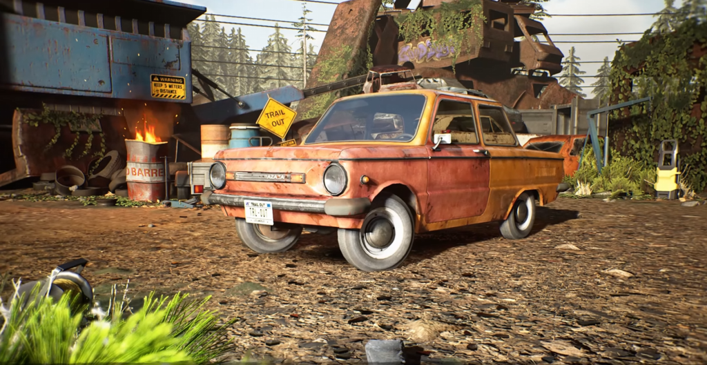 Rusty orange car parked in scrapyard lot