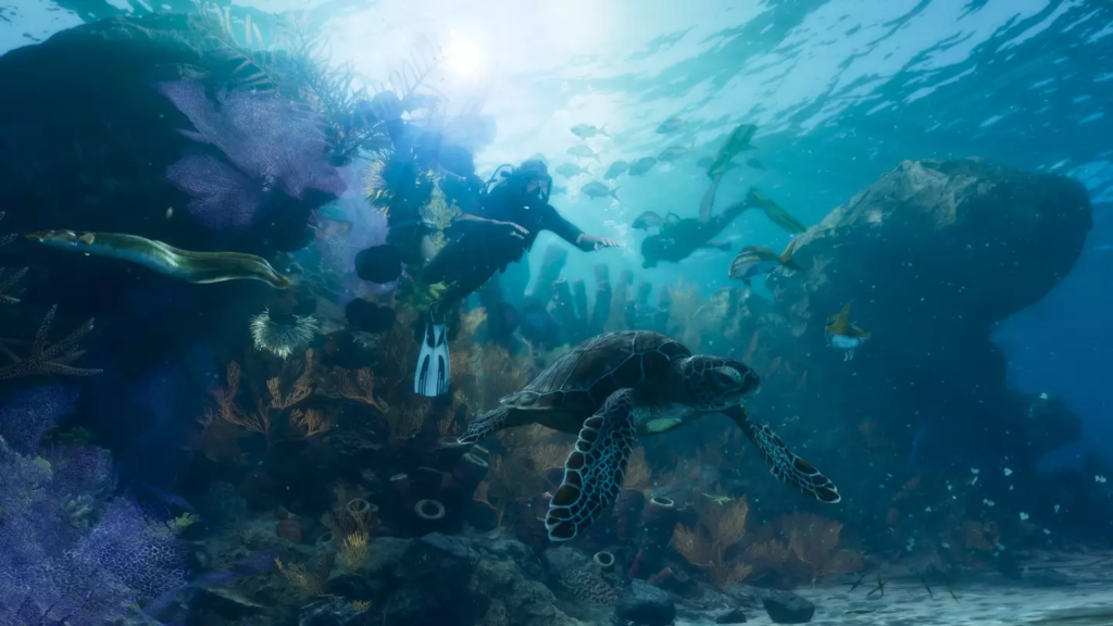 Scuba divers swim above sea turtle on reef