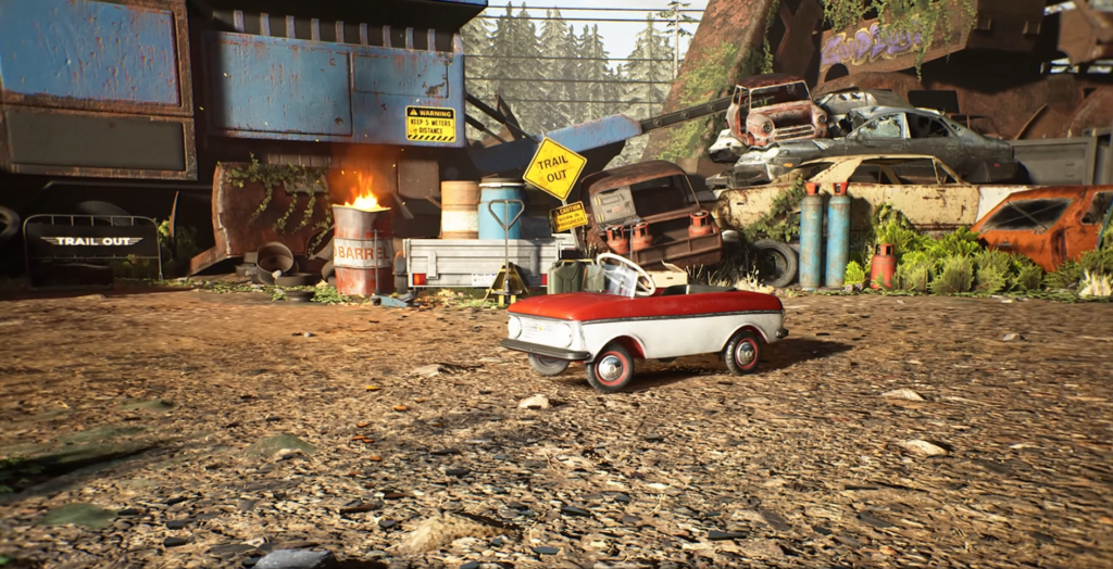 Red and white toy car parked in junkyard