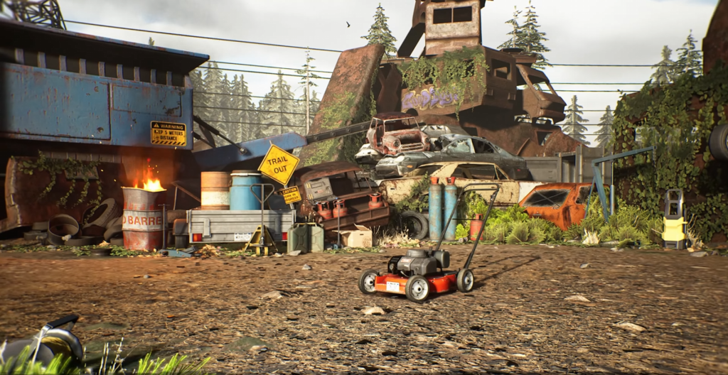 Red lawn mower on dirt in junkyard