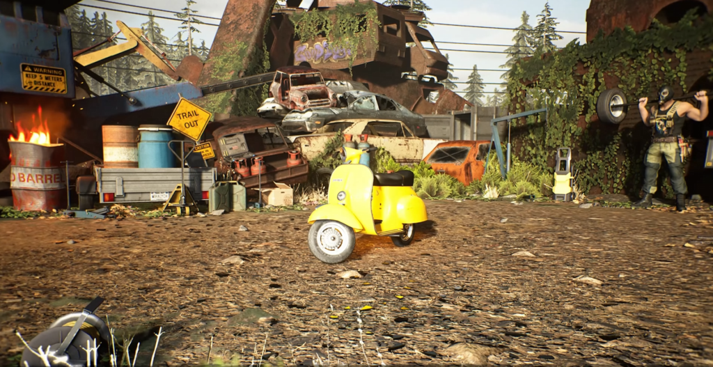 Yellow scooter parked in scrapyard with stacked cars