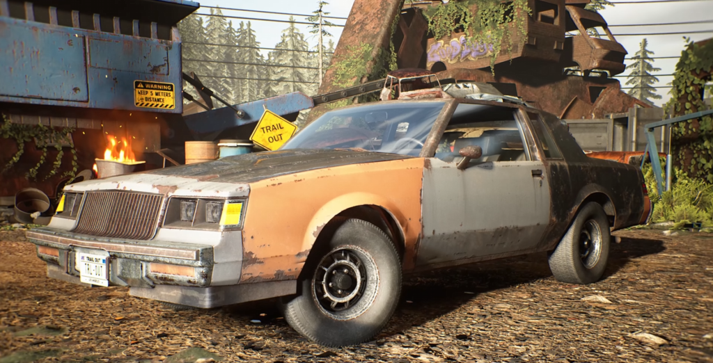 Rusty brown car parked in scrapyard yard