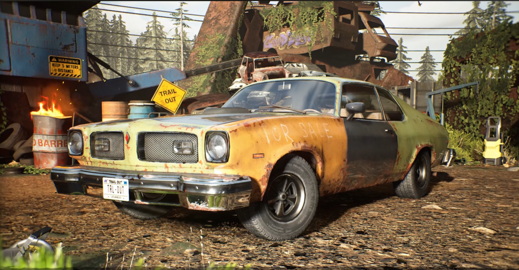 Rusty orange car parked in junkyard lot