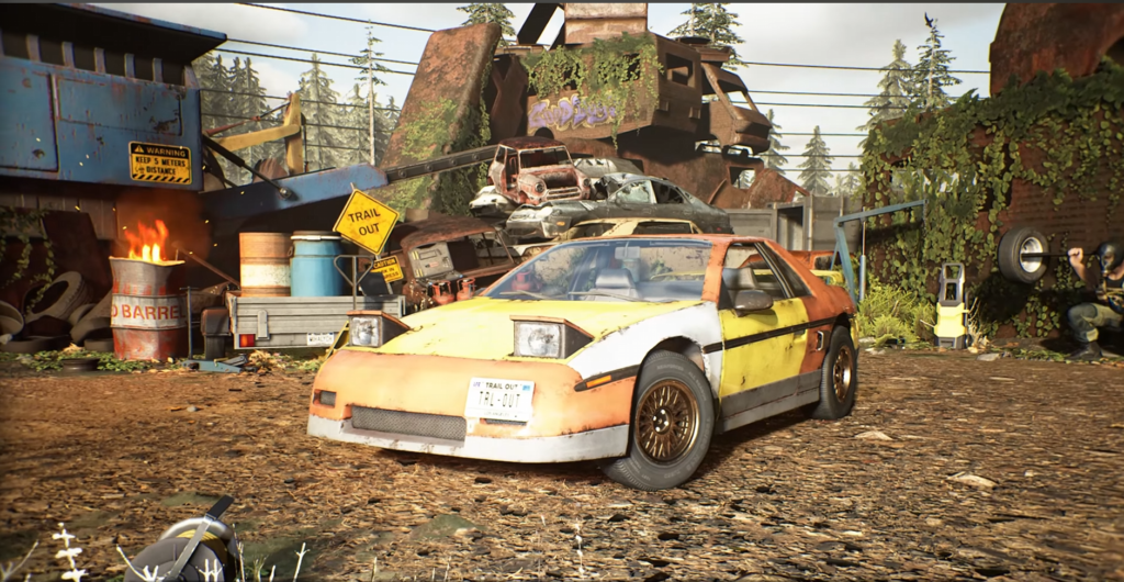 Yellow car parked in scrapyard with stacked wrecks