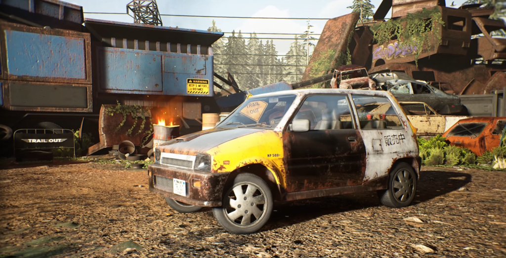 Rusty yellow car parked in scrapyard yard
