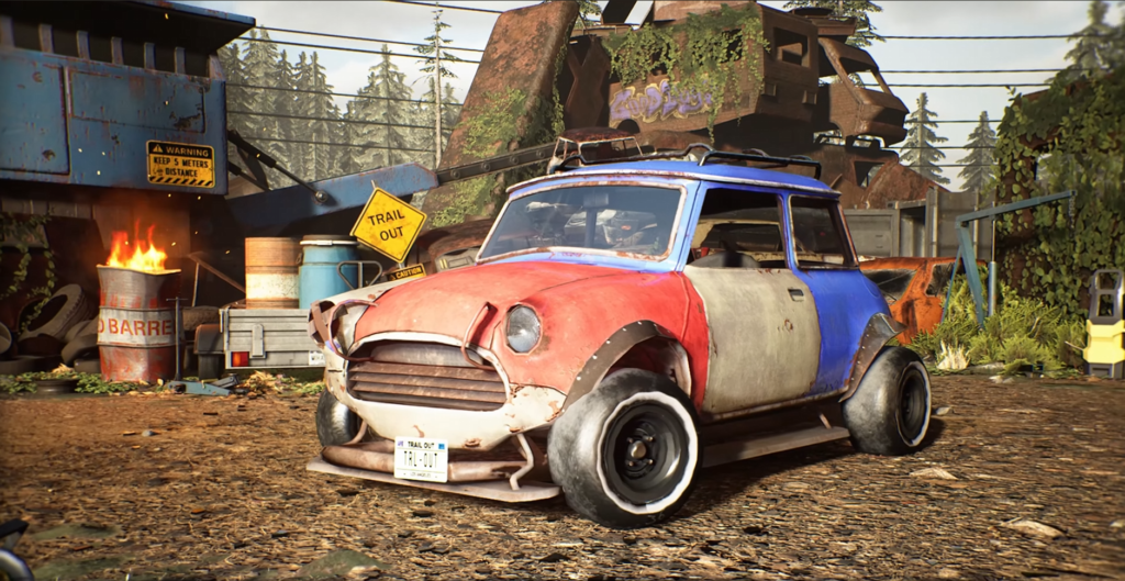 Red and blue car parked in scrapyard