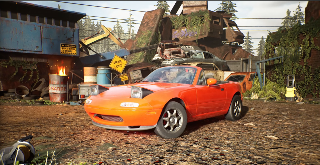 Orange convertible parked in junkyard with stacked cars