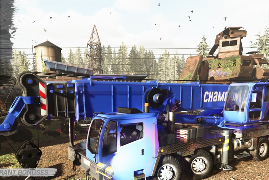 Blue mobile crane parked at industrial scrapyard