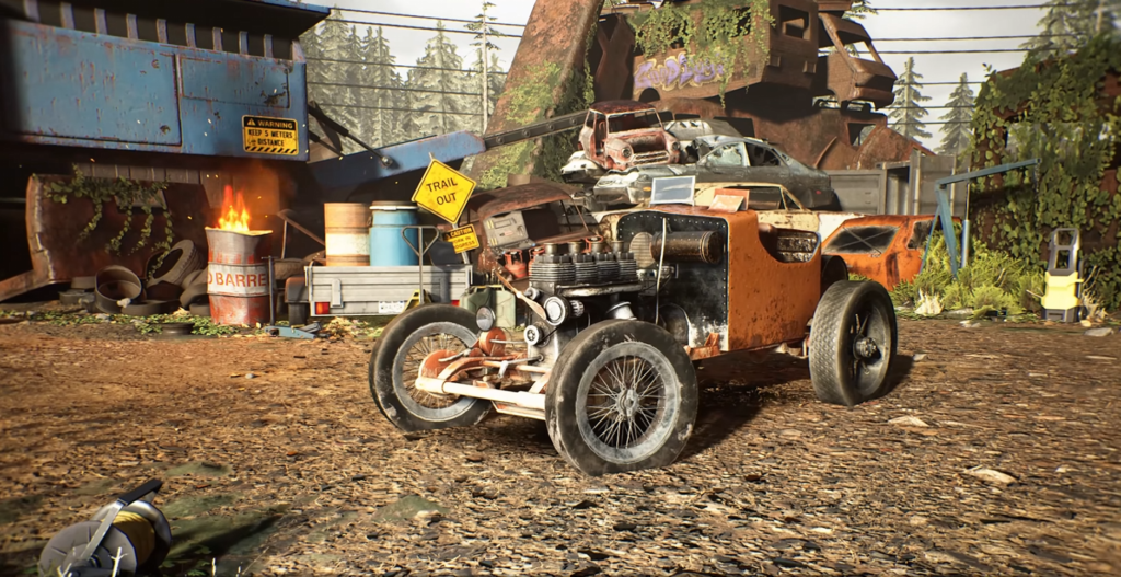Rusty orange hot rod parked in junkyard