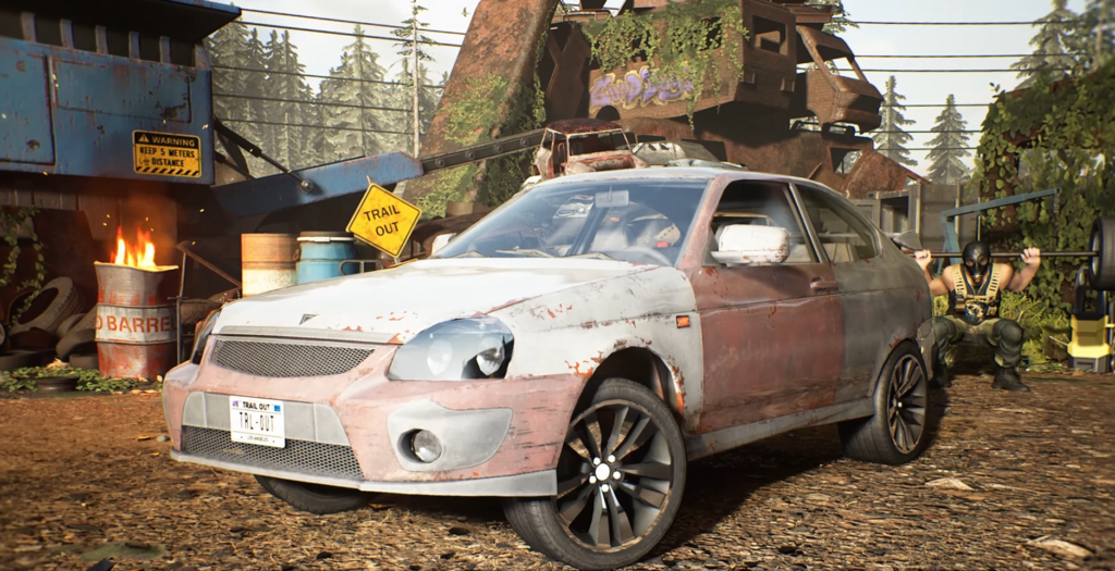 Rusty white car parked in scrapyard yard
