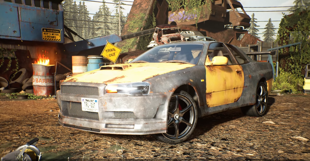 Rusty yellow sports car parked in scrapyard