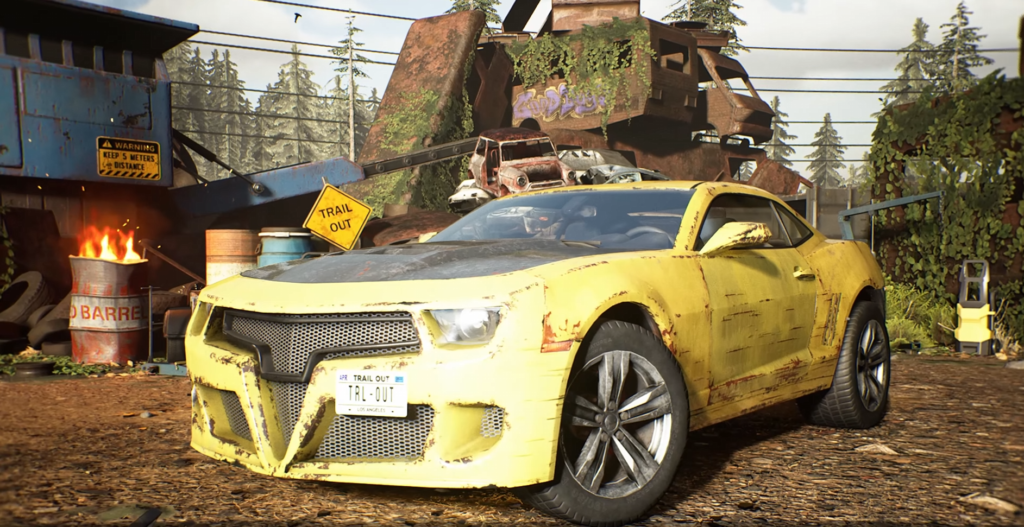 Yellow sports car parked in scrapyard with wrecks