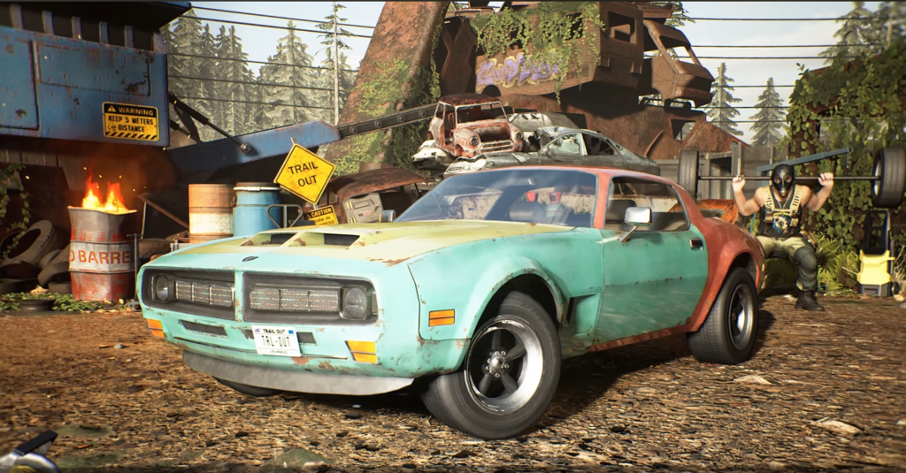Green muscle car parked in scrapyard scene