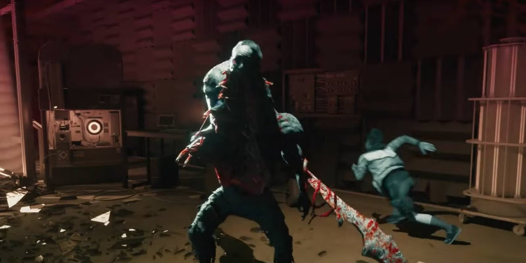 Monster holding bloodied weapon in dark warehouse room