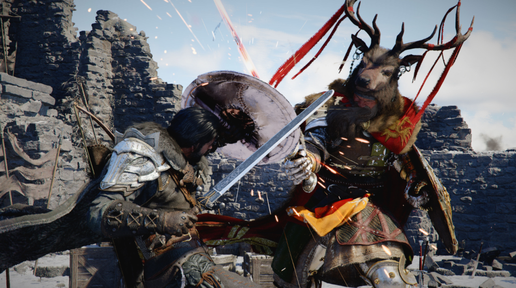Armored warrior fights antler-helmet knight in ruins